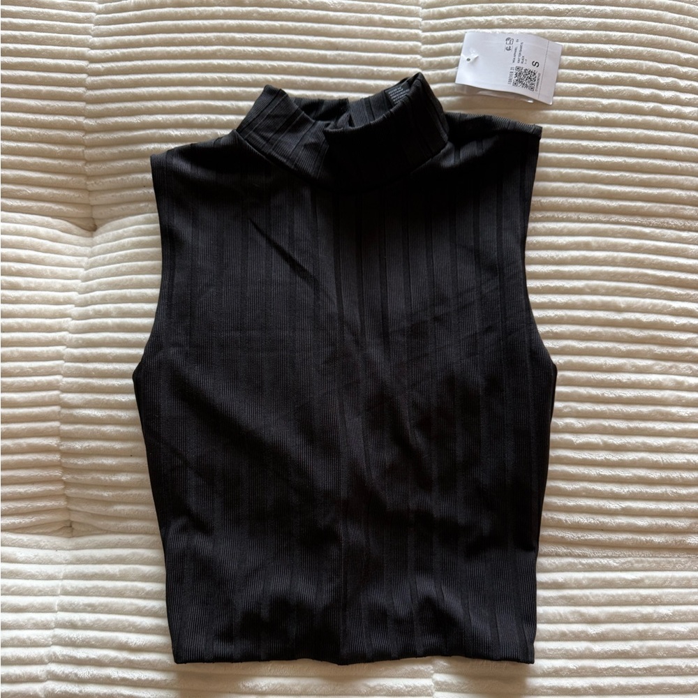 Sleeveless Mock Neck Ribbed Black Women's Top